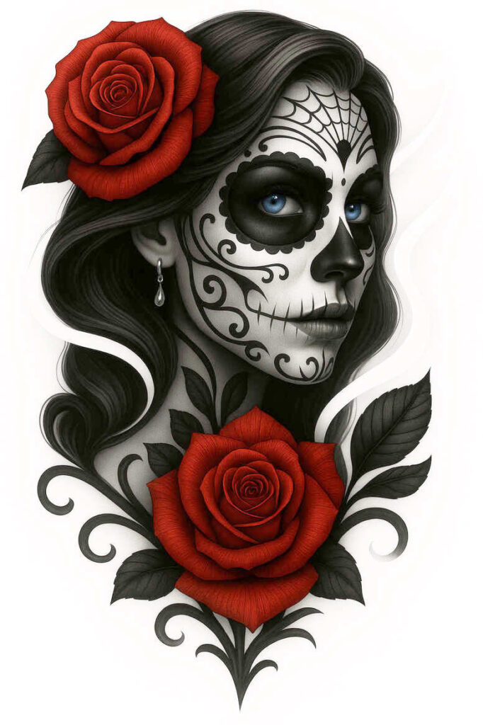 Face in black and grey sugar skull makeup with blue eyes; red rose blossoms in hair and near the neck, plus leaves and a silver earring; tattoo project concept, suitable for a cover-up.