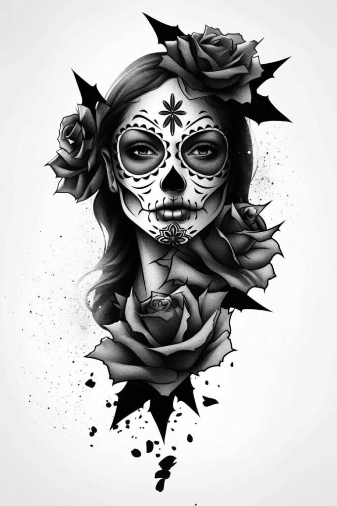 Sugar skull face with ornate day-of-the-dead patterns, surrounded by roses in black and grey; tattoo project idea, cover-up ready.