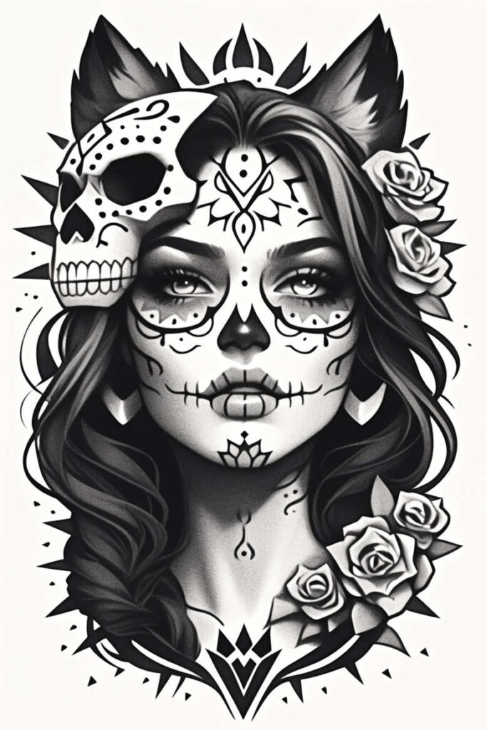 Black and grey portrait of a woman with sugar skull makeup, skull overlay on the left, roses in hair; AI-generated tattoo project; cover-up suitable.