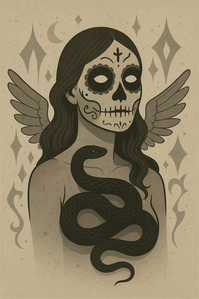 Black and grey tattoo design idea featuring a sugar skull-faced woman with wings behind and a coiled snake across the torso.