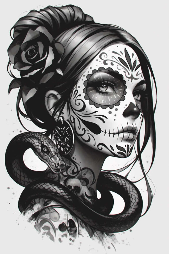 Black and grey sugar skull portrait on face with rose in hair and coiled snake around neck; visible eye, ear, and earring; AI-generated tattoo project; cover-up suitable.