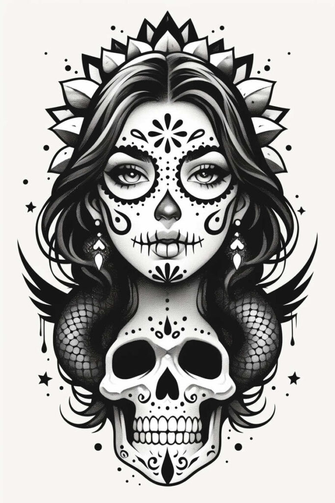 Face and skull tattoo design in black and grey; visible elements include face, skull, sunburst, wings, and earrings; tattoo project; pattern; suitable for a cover-up.