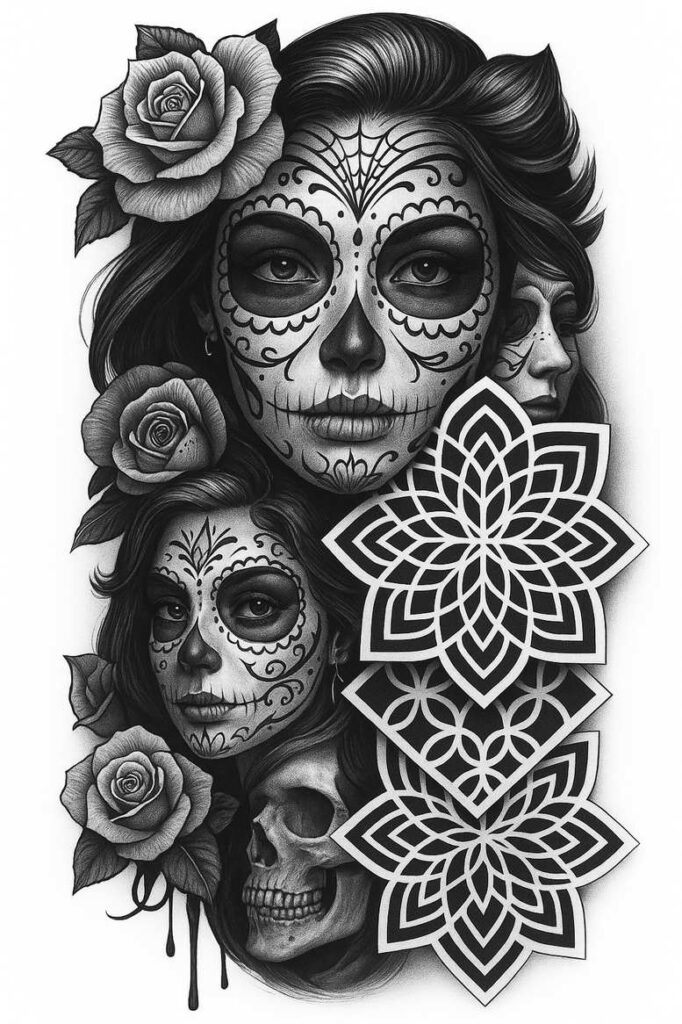 Black and grey tattoo project with face, rose, skull, and geometric pattern motifs; cover-up-ready.
