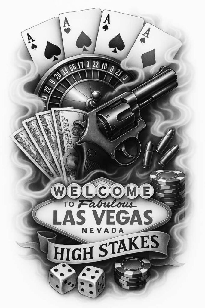 Black and grey tattoo project featuring a gun, roulette wheel, playing cards, money, dice, and poker chips with smoky flames; cover-up-ready.