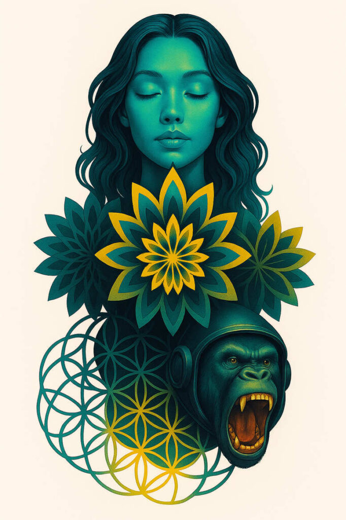 Teal-skinned woman portrait with a roaring gorilla wearing headphones, surrounded by teal and yellow geometric flowers; full color; tattoo project idea; cover-up-ready.