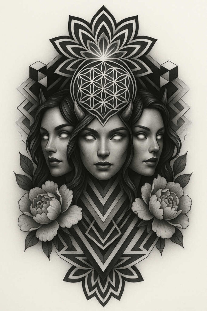 Three grayscale faces center and sides with a geometric crown and Flower of Life pattern; chevron motifs; blooming flowers; black and grey. AI-generated tattoo project; cover-up.