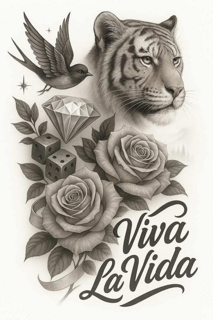 Tiger head in profile with a flying bird, diamond, dice, roses with leaves, and Viva La Vida script in black and grey; AI-generated tattoo design idea, suitable for a cover-up.