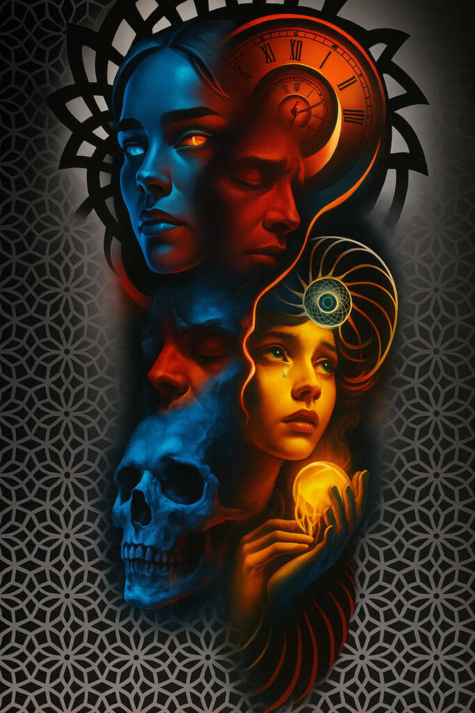 AI-generated tattoo project: blue and red faces, a skull, a clock, a glowing amber orb, and a spiral on a dark geometric background; suitable for cover-up.