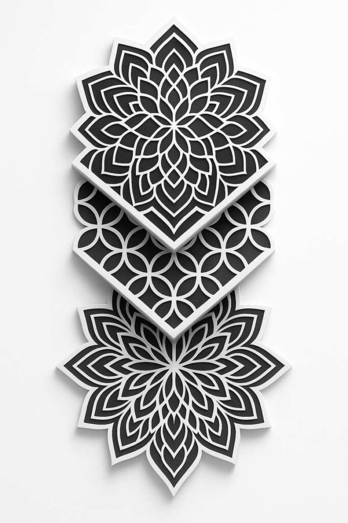 Lotus, circle, and diamond shapes stacked in black and grey; tattoo project; cover-up ready.