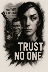 Black and grey tattoo design: portrait of a woman with a gunman behind, newspaper in the background, and bold TRUST NO ONE text; AI-generated cover-up concept.