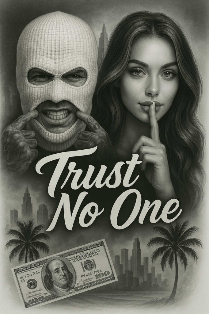 Balaclava mask in black and grey; woman's portrait; finger to lips gesture; dollar bill; palm tree; cityscape; tattoo project; cover-up ready.