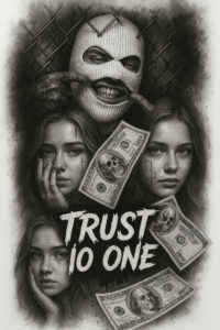 Mask-wearing figure in a knit balaclava, visible faces of three women, scattered dollar bills, and chain-link fence backdrop; black and grey tattoo project; suitable for cover-up; pattern present.