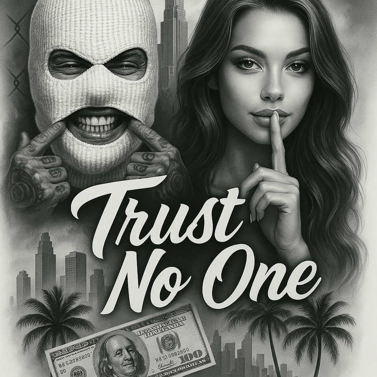 Black and grey tattoo design featuring a masked figure, a woman, a dollar bill, city skyline, and palm trees with the 'Trust No One' script; cover-up project idea.