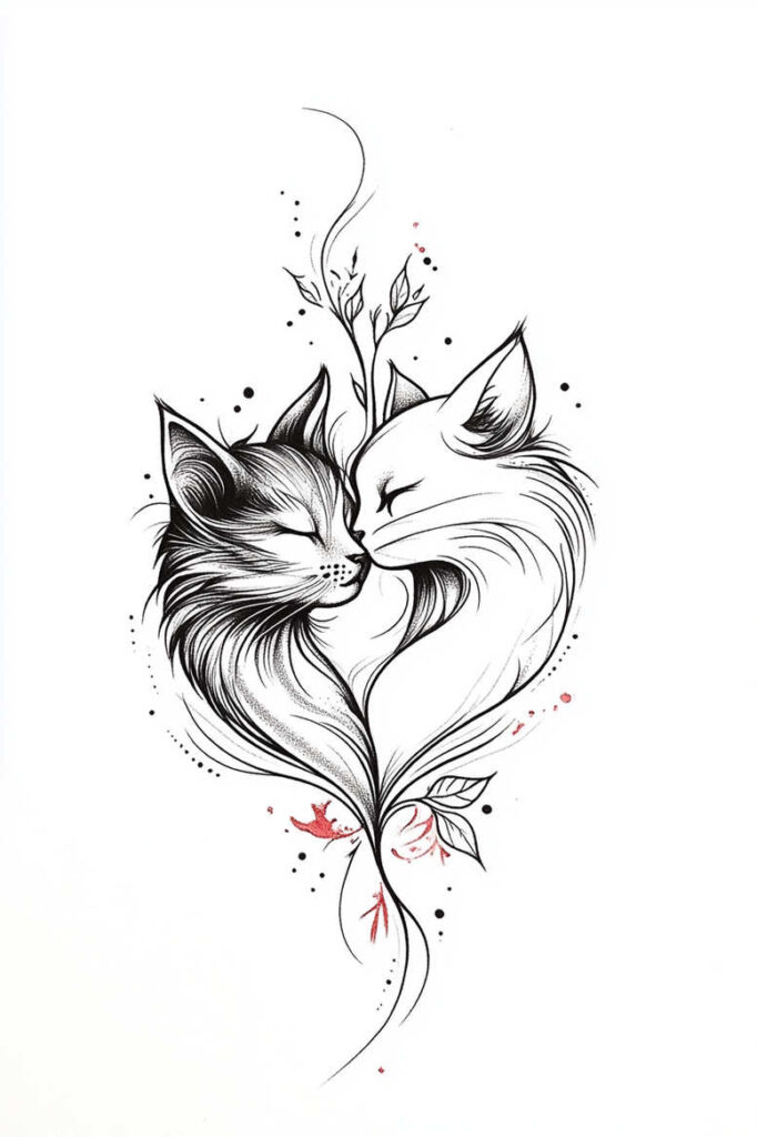 Two cats in black ink with fine line details form a heart, with grey shading and subtle red accents; pattern-inspired leaves and stem; a tattoo design concept.