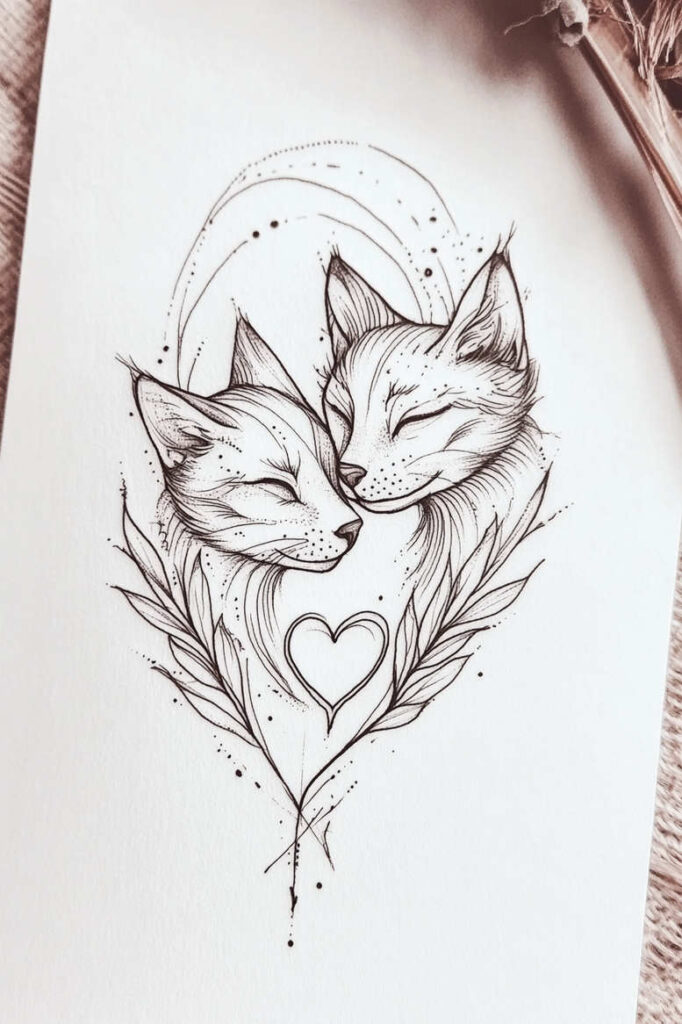 Two cats with a heart and leaves in black and grey linework; tattoo design concept, project idea, suitable for cover-up.