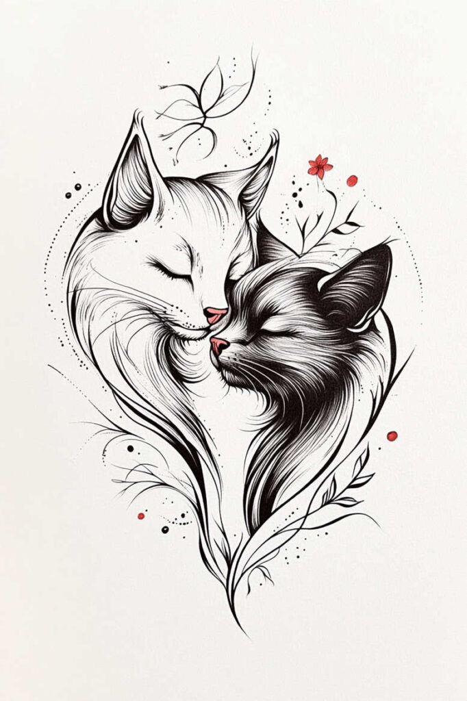 Black and grey line art of two cats kissing on white background; red accents on noses; butterfly, flower, and leaf motifs; project design; not suited for cover-up.