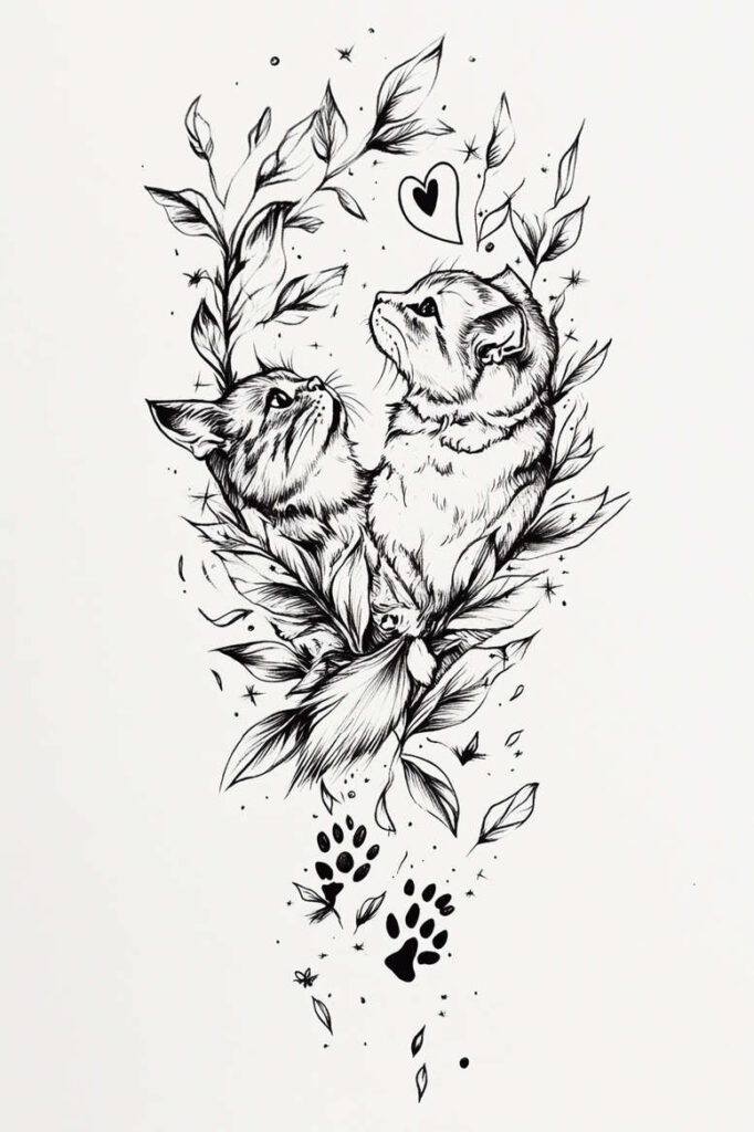 Two cats among leafy vines with a heart and paw prints; black and grey line art; tattoo idea; not a cover-up.