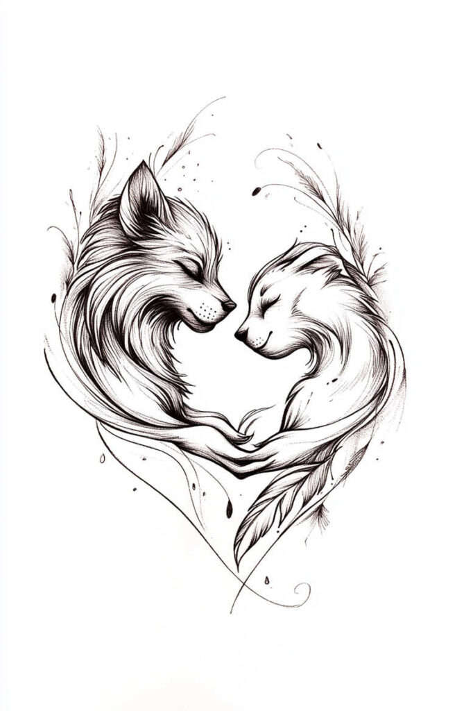 Two foxes, heart-shaped composition, feathers, and swirling lines in black and grey; concept tattoo project; not designed for cover-up.