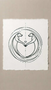 Two black ink otter silhouettes facing each other, forming a heart between circular rings with dotted guides; tattoo idea, black and grey, suitable for cover-up.