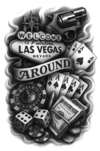 Black and grey AI-generated tattoo project with gun, sign, ribbon, card, die, roulette wheel, bill, and chip; cover-up suitable.