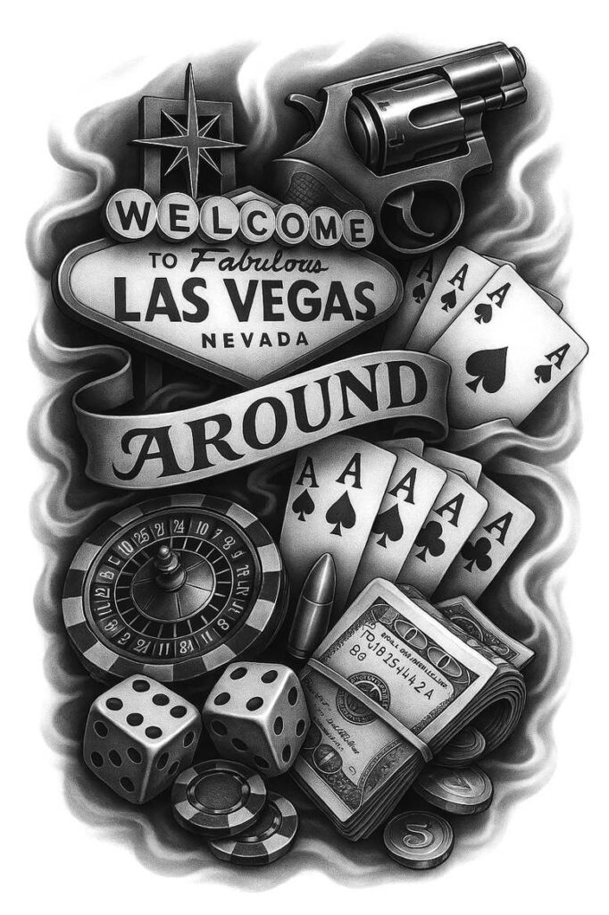 Revolver, die, card, money, roulette wheel, banner, and Las Vegas sign in black and grey; pattern; tattoo project; cover-up.