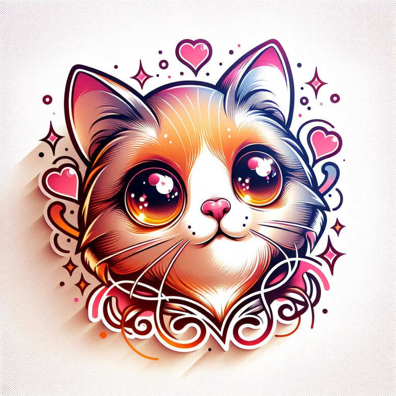 Cat portrait in full color with pink-orange eyes, heart-shaped nose, and decorative swirls; tattoo design idea, suitable for a cover-up.