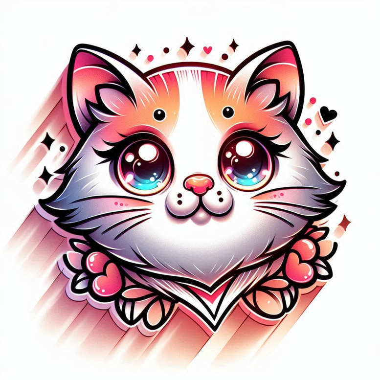 Colorful cartoon cat with large blue-pink eyes, pink nose, heart accents, and star sparkles; full-color tattoo design concept; cat is white with shaded fur and bold black outlines.