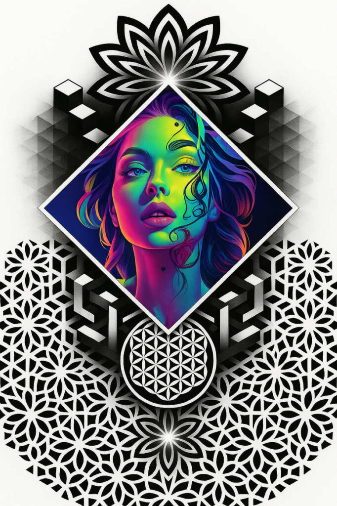 Face portrait in neon rainbow hues inside a diamond frame, with black and gray geometric background and a circular geometric motif; full-color tattoo design concept.