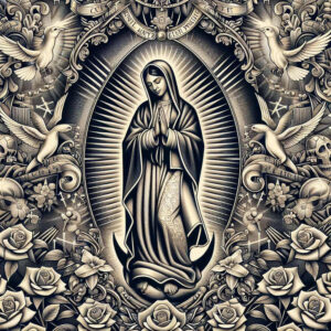 Mary tattoo design in black and grey with halo, robe, veil, roses and doves; AI-generated tattoo project; cover-up-ready; pattern.