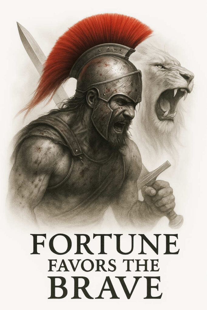 Black and grey tattoo design: helmeted warrior with red plume grips a sword; lion behind roars; banner reads Fortune Favors the Brave; AI-generated project idea.