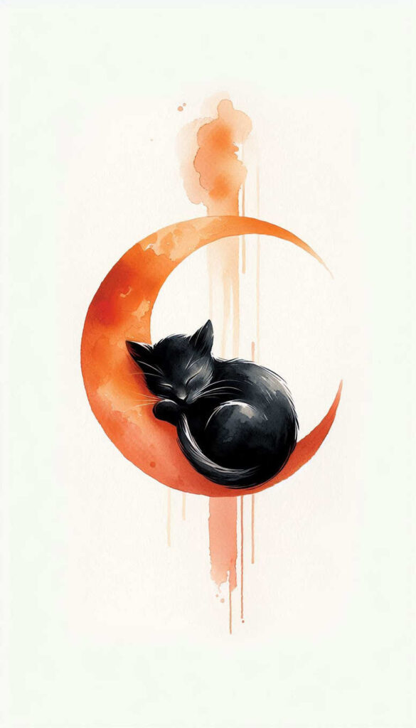 Black cat curled around an orange crescent moon; watercolor splash background, color tattoo project.