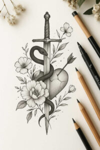 ancient-weapons-serenity-for-sternum – tattoo design ideas free ai generated – Gallery: weapons-inkby-ai