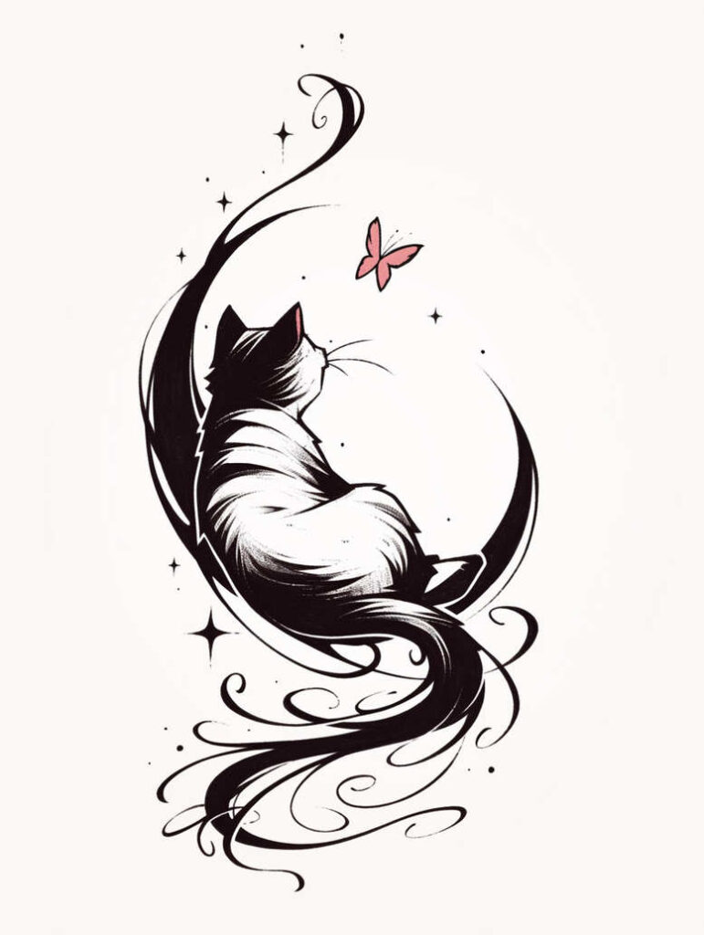 Cat (black and white), butterfly (pink), swirl lines, and stars; project idea for a tattoo design; not suitable for cover-up.