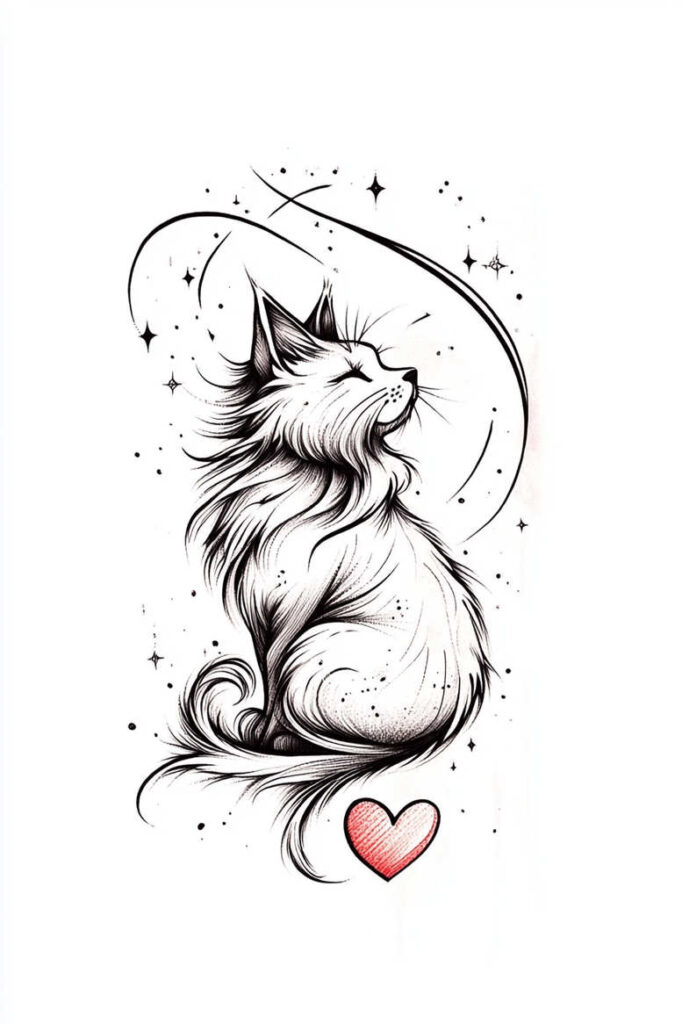 Black and grey cat, crescent moon, and stars with red heart; tattoo project idea; not suitable for cover-up.