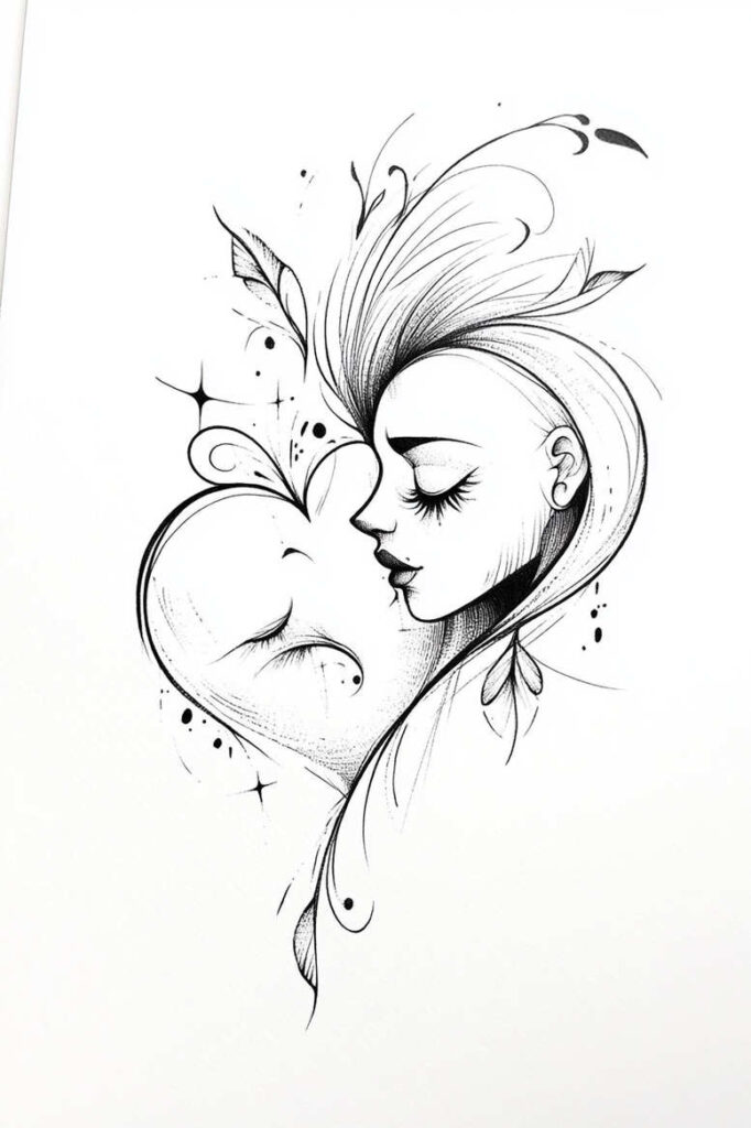 Black and grey line art: woman in profile kissing a heart with swirls; visible elements: woman, heart, hair. Tattoo project; suitable for cover-up.