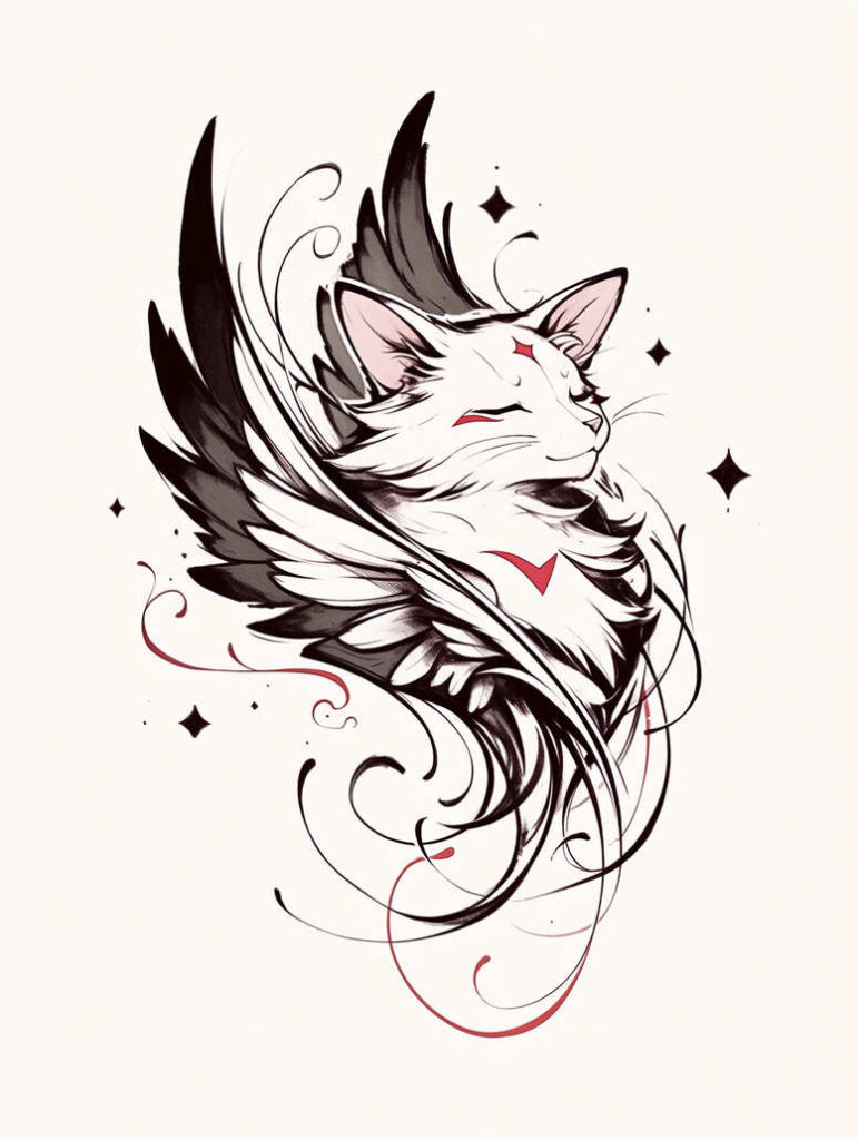 Cat, wing, swirl, star in black and grey linework with red accents; tattoo design idea; not ideal for cover-up.