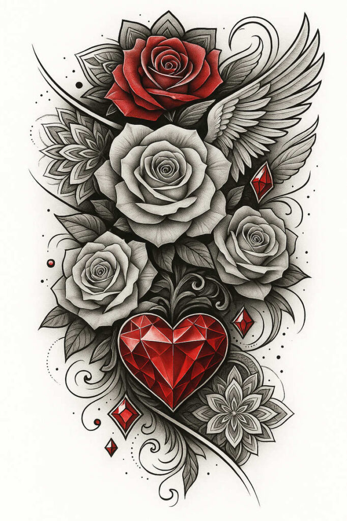 Black-and-grey tattoo project idea with central heart, top red rose, side grey roses, wings, diamonds, and swirling accents; color palette uses black, grey and red accents; project idea.