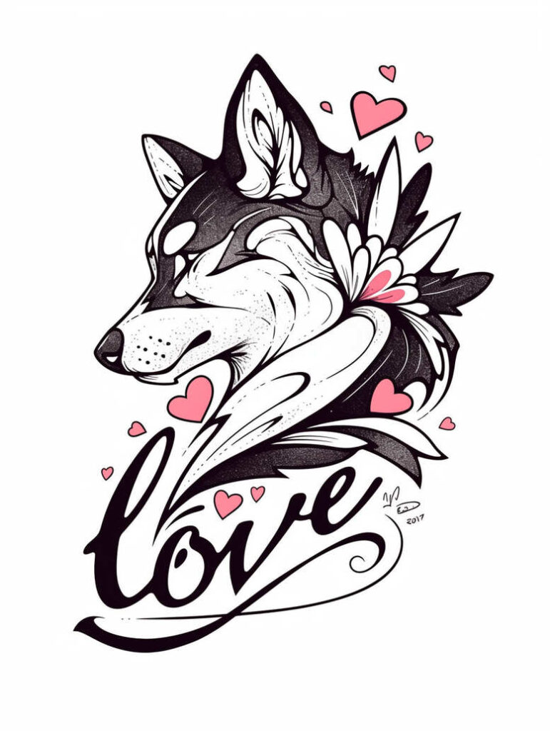 Wolf head silhouette with pink hearts and 'love' script in black and grey; tattoo design idea; cover-up potential.