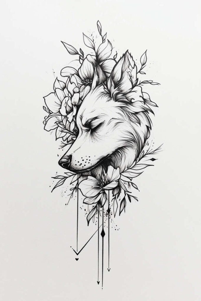 Profile of a wolf head with blossoms, leaves, and downward arrows in black ink; black and grey; tattoo project idea.