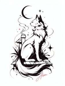 Black and grey line art of a wolf sitting on a rock beneath a crescent moon with stars and swirling smoke; an AI-generated tattoo project, not a cover-up.