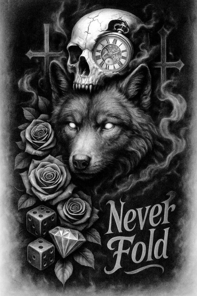 life-motif-wolf-tattoo – tattoo design ideas free ai generated – surrealism-bizarre – for-knee – Gallery: wolves-inkby-ai