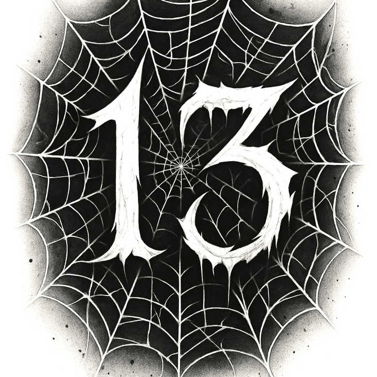 Spider web spanning a black and grey background with a bold white 13 at the center; AI-generated tattoo project; suitable for cover-up.