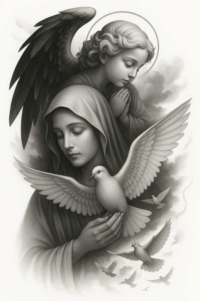 Angel with halo over a praying woman in a veil holding a dove, grayscale scene; AI-generated tattoo project, cover-up ready.
