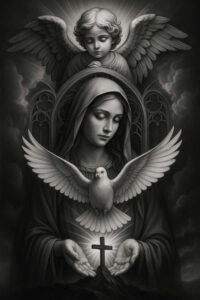 Angel with wings over a veiled woman, a white dove in front, cross cupped by hands, and an ornate arch behind them. black and grey tattoo design project; suitable for cover-up.