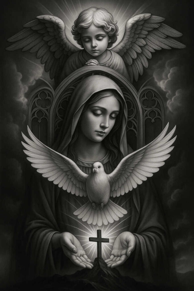 Angel with wings over a veiled woman, a white dove in front, cross cupped by hands, and an ornate arch behind them. black and grey tattoo design project; suitable for cover-up.