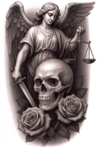 Black and grey tattoo design: an angel with wings holds a sword, a skull sits below, scales of justice hover nearby, and roses surround the composition; AI-generated tattoo project, cover-up suitable.