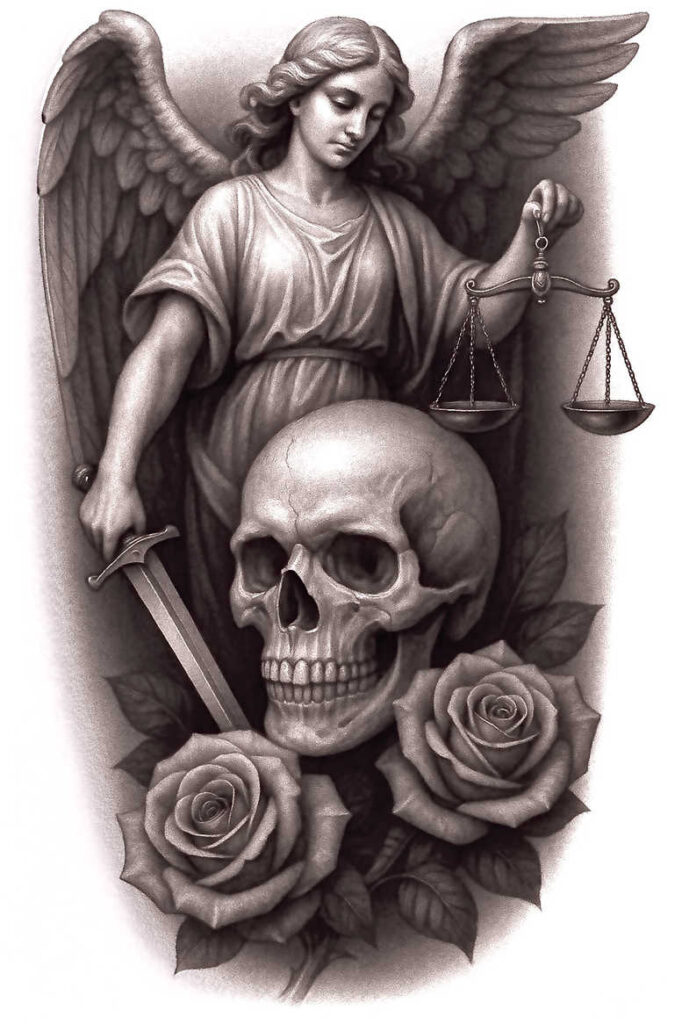 Black and grey tattoo design: an angel with wings holds a sword, a skull sits below, scales of justice hover nearby, and roses surround the composition; AI-generated tattoo project, cover-up suitable.