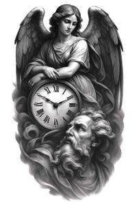 Black and grey tattoo design featuring angel with clock, clouds, face, and beard; ideal for a cover-up.