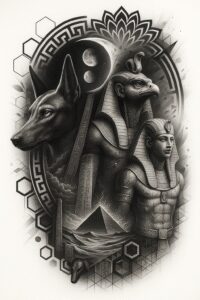 Black and grey tattoo design showing anubis the jackal god and pharaoh, circular mandala background with moons and pyramids; project idea for cover-up.