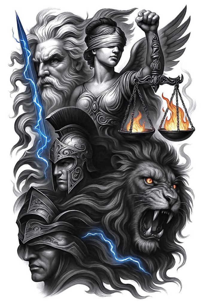 Black and grey tattoo design featuring a lion head, warrior, statue, scales with flames, and blue lightning; a bold AI-generated tattoo project, clearly suitable for cover-up.